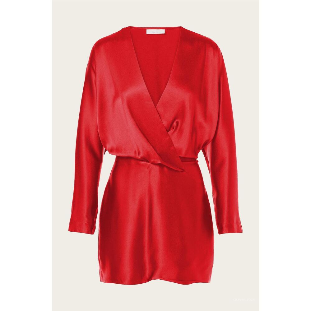 NEW THE SEI women's long sleeve wrap mini dress in crimson